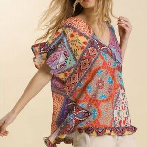 Umgee Mixed Print V Neck Short Ruffle Sleeve Top Large boho